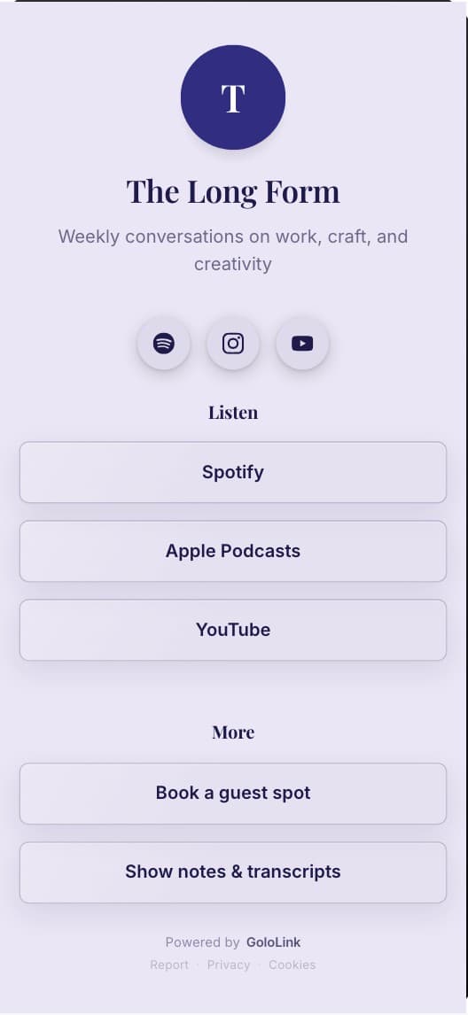 Podcast Show bio link template preview