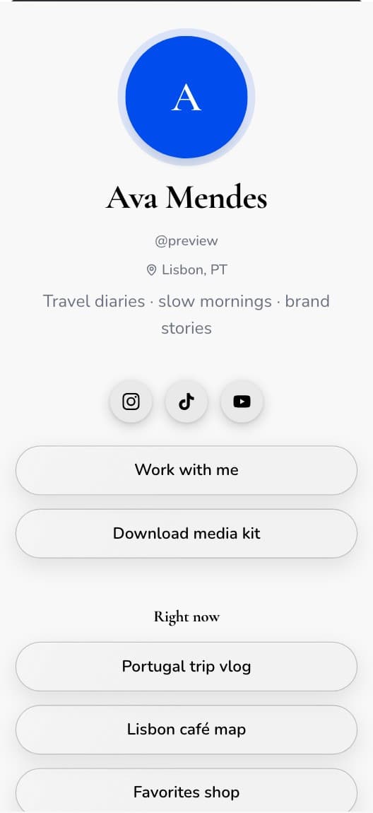 Lifestyle Creator bio link template preview