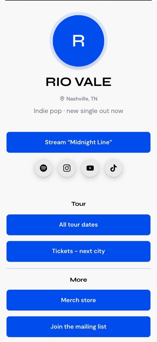 Musician Creator bio link template preview